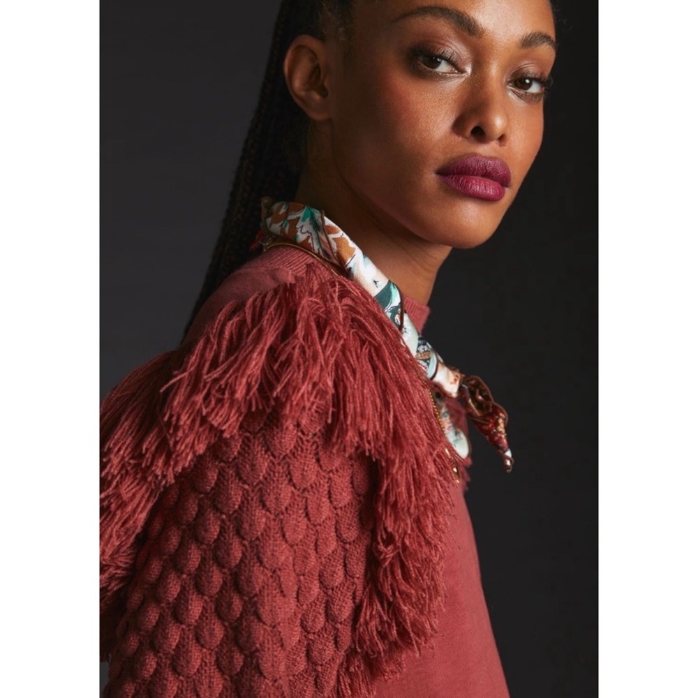Dolan Left Coast Anthropologie Rust Fringe Sweater XS | Puff Sleeve Fall Top - Picture 4 of 10